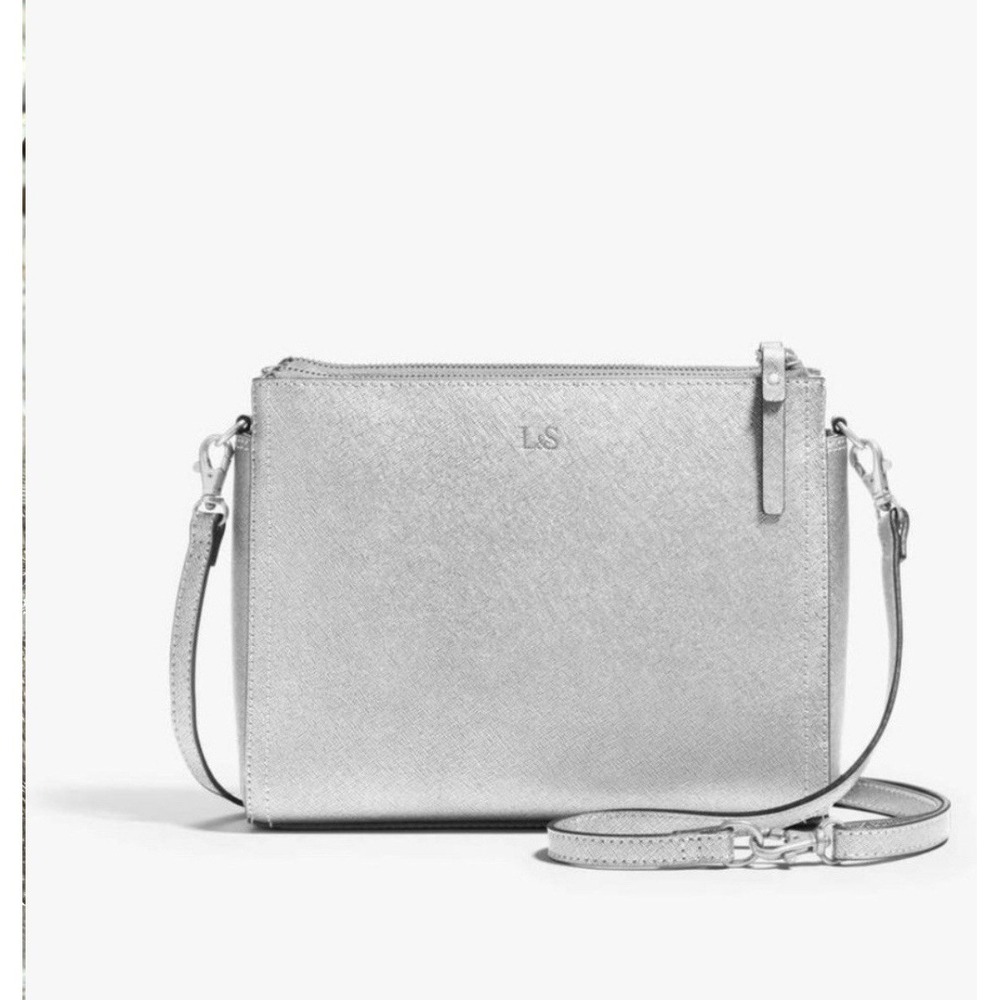 NEW Lo & Sons Pearl Zip Crossbody Saffiano Leather Silver Shimmer Multi READ‎